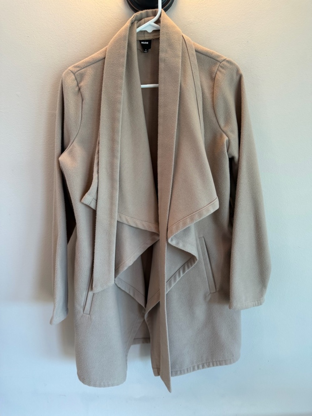 Nude Tan Beige Draped Waterfall Open Front Jacket Coat with Pockets Womens Small
